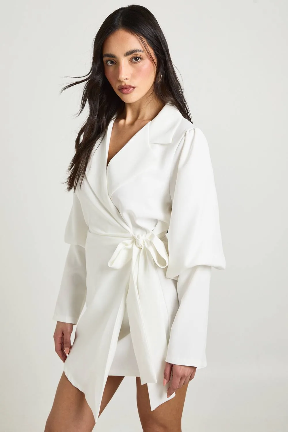 Volume Sleeve Tie Waist Blazer Dress