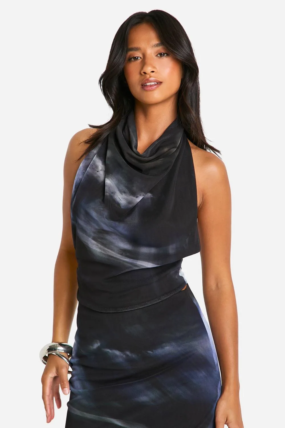 Abstract Print Mesh Cowl Top by boohoo