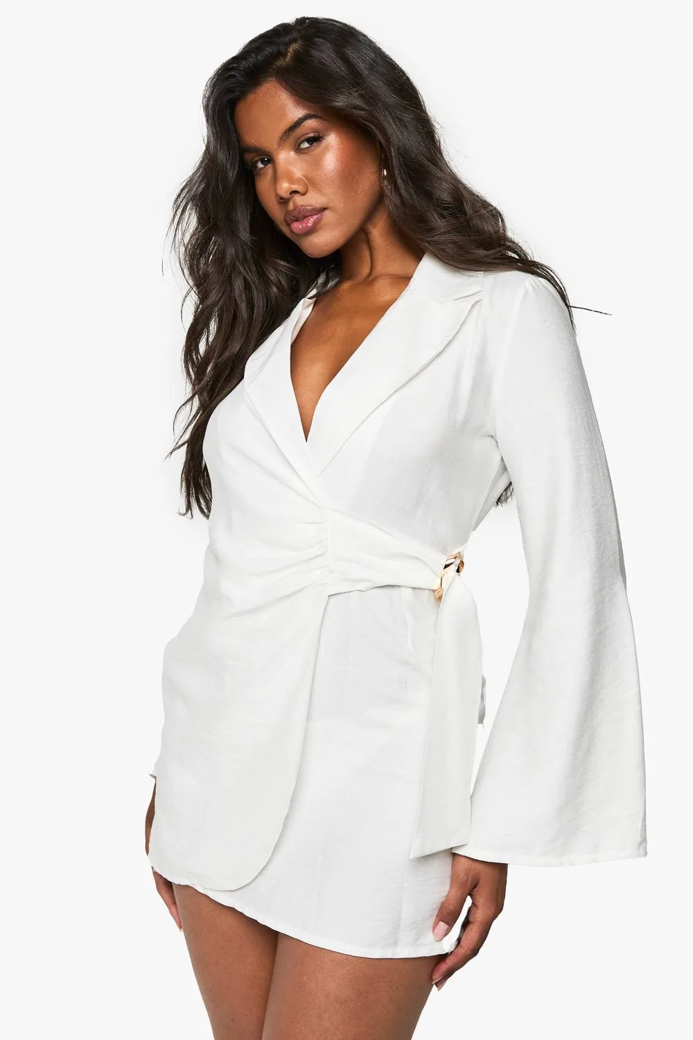 Linen Look Buckle Detail Tie Waist Tailored Blazer Dress by boohoo