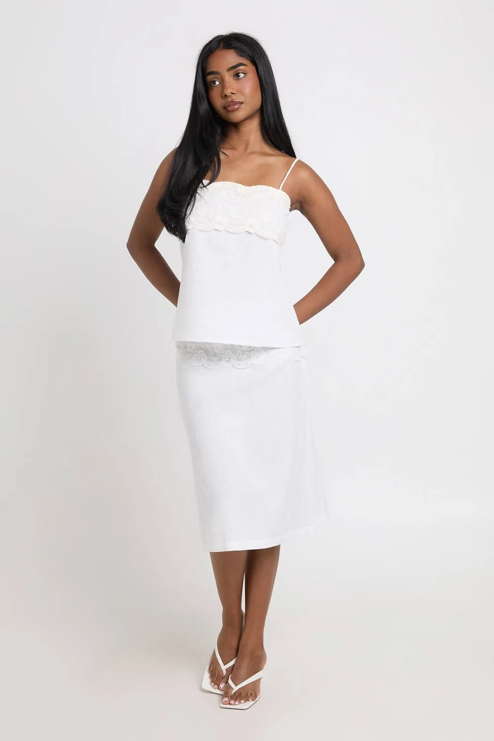 Linen Lace Panel Scallop Edge Cami Top by boohoo
