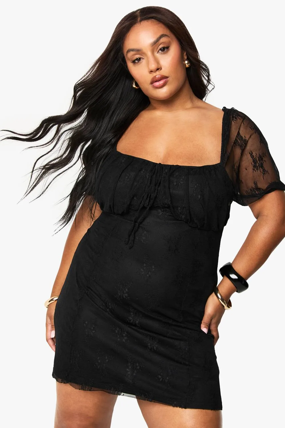 Lace Puff Sleeve Skater Dress by boohoo