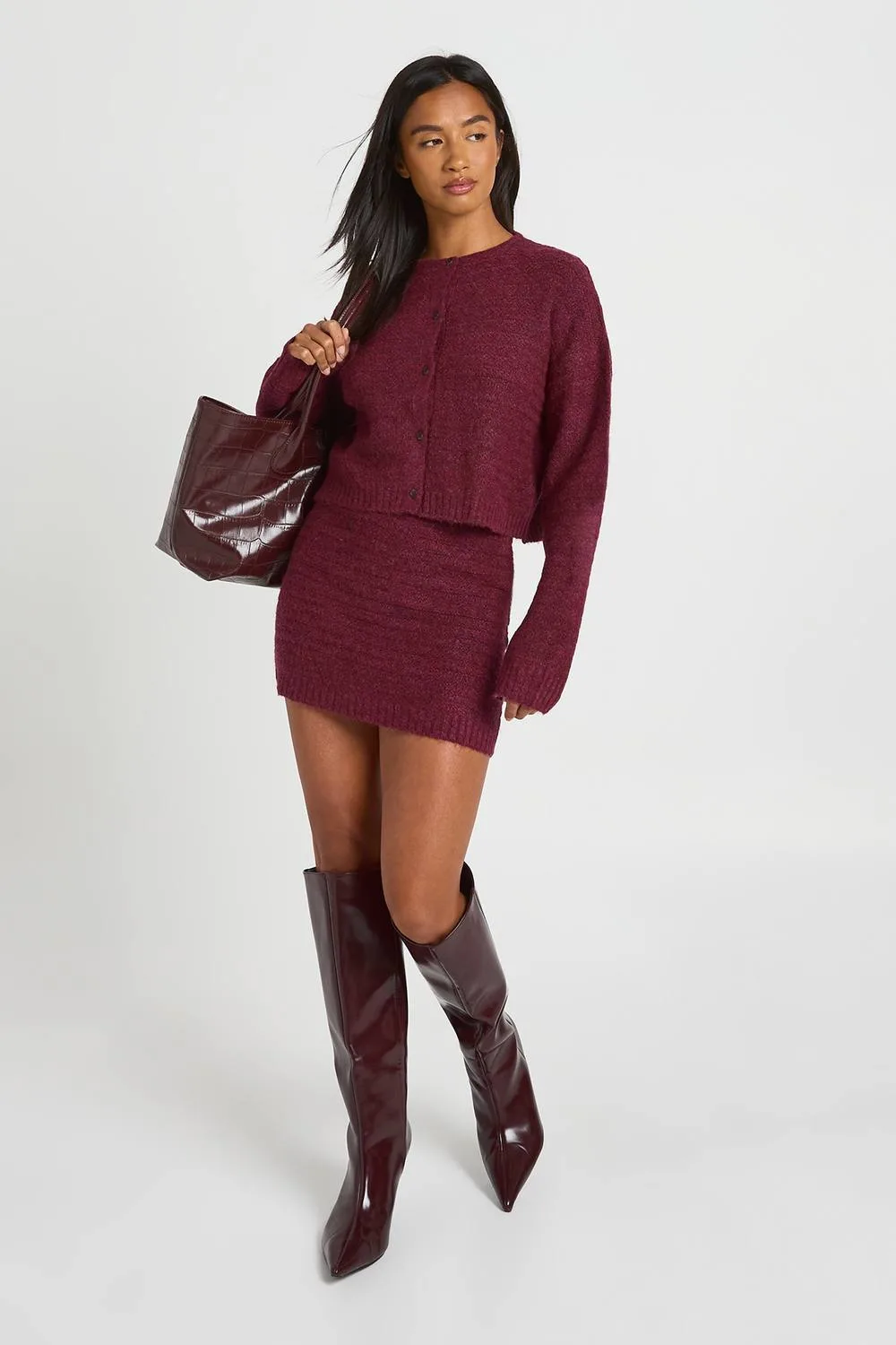 Textured Knit Button Through Knitted Cardigan & Mini Skirt Co-Ord by boohoo