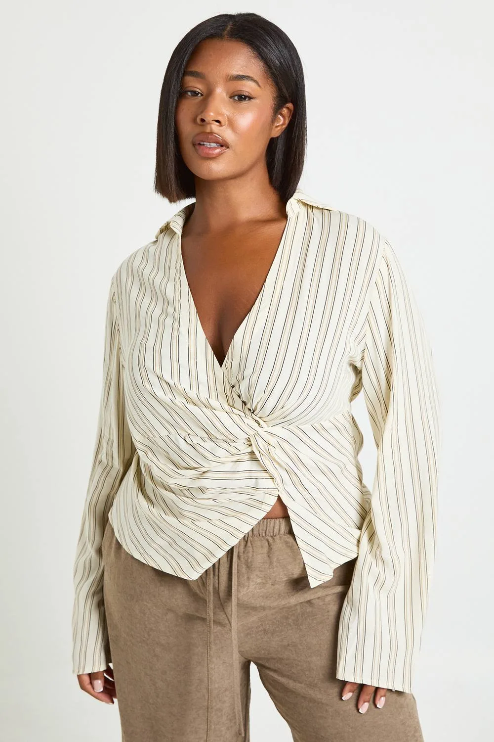 Stripe Twist Front Cinched Shirt by boohoo