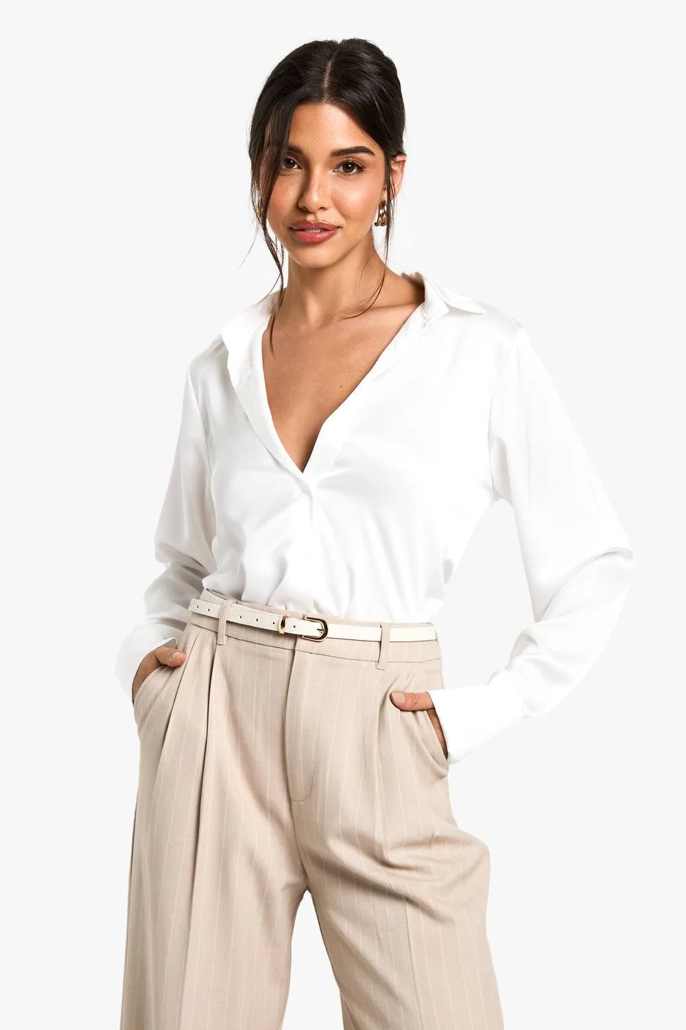 Satin V-Neck Button Up Shirt by boohoo