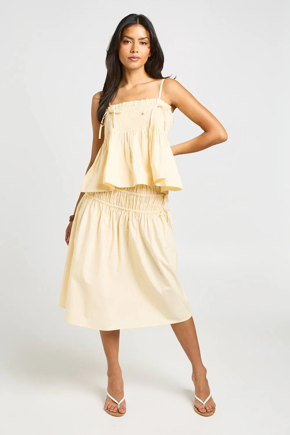 Poplin Shirred Waist Midi Skirt by boohoo