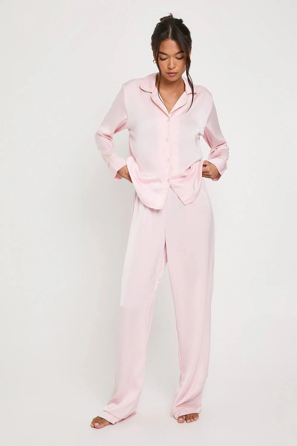 Satin Piping Detail Long Sleeve Shirt & Trousers Pyjama Set by boohoo