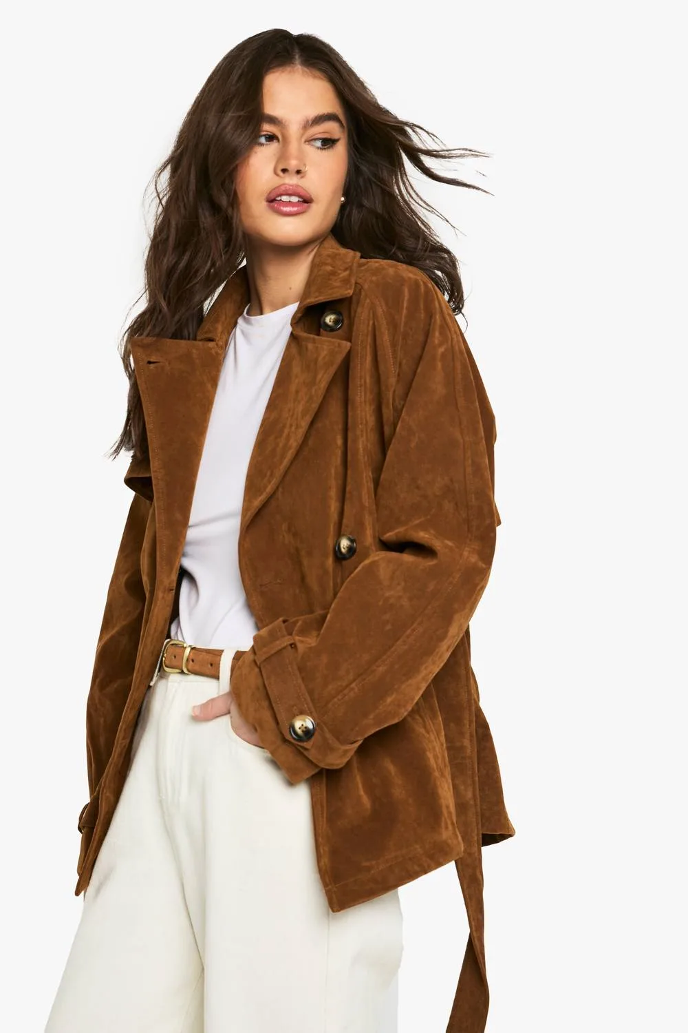 Suede Look Short Belted Trench Coat by boohoo