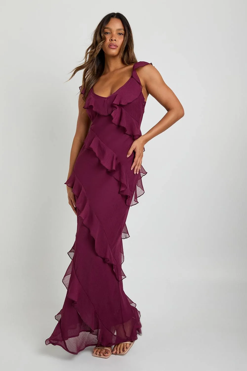 Chiffon Ruffle Strappy Maxi Dress