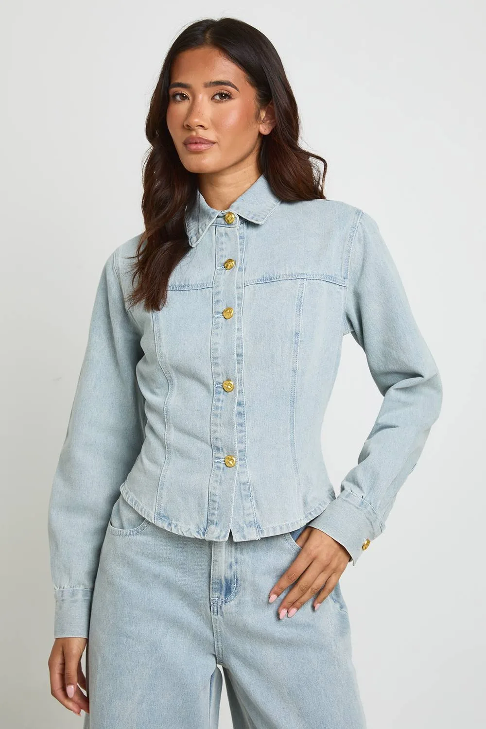 Gold Button Denim Shirt by boohoo
