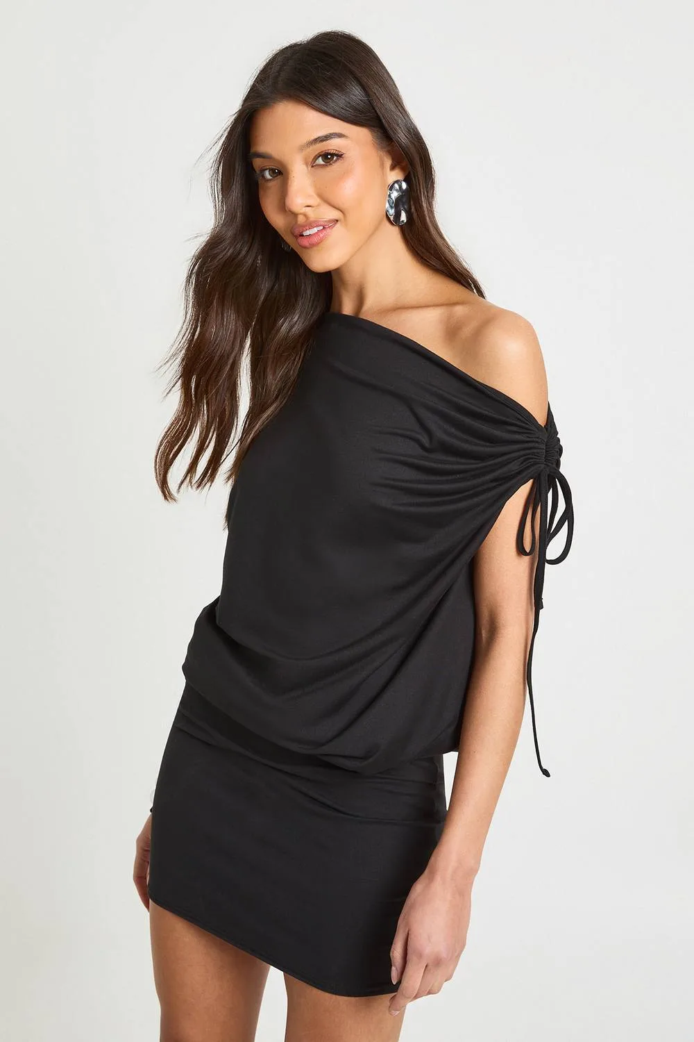 Soft Touch Drape Shoulder Mini Dress by boohoo