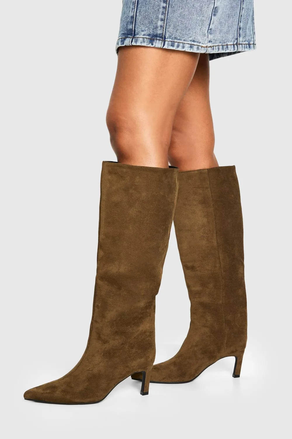 Faux Suede Column Pointed Knee High Heeled Boots by boohoo