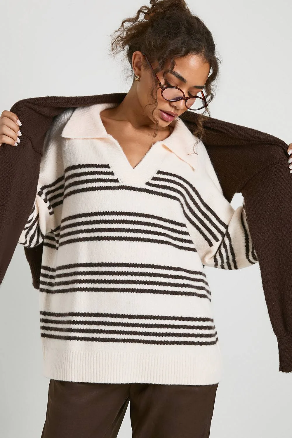 Soft Knit Stripe Polo Collar Jumper