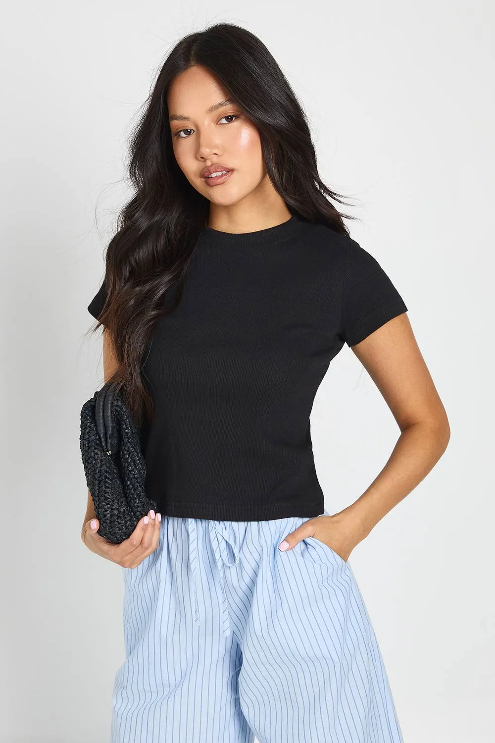 Basic Rib Short Sleeve Fitted Top by boohoo