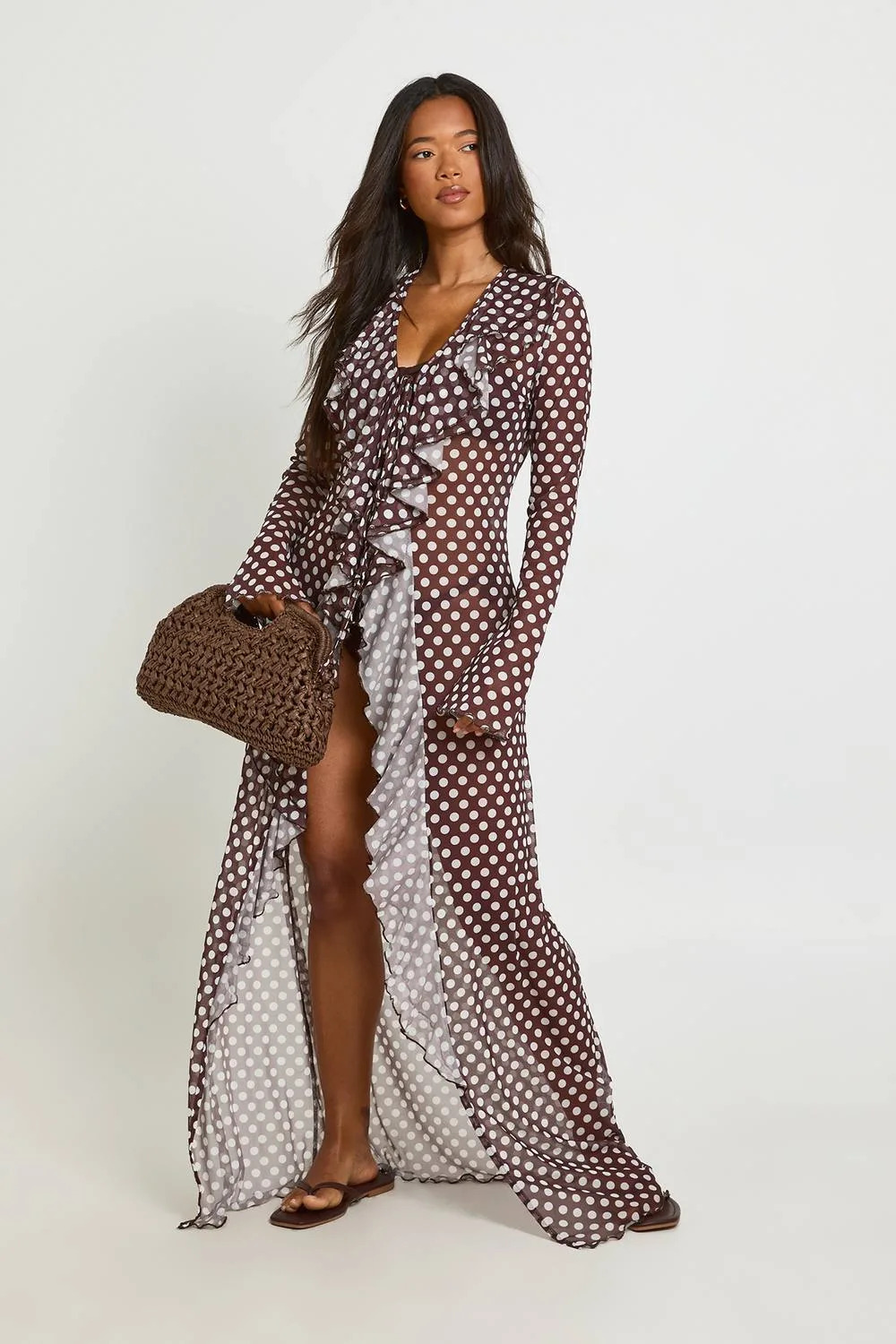 Polka Dot Ruffle Detail Mesh Maxi Beach Kimono by boohoo