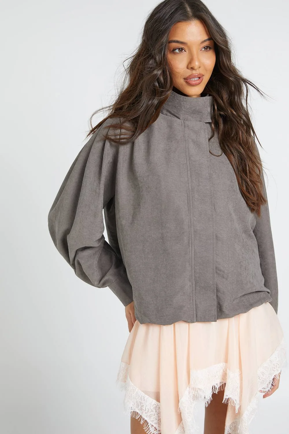 Ruched Bubble Hem High Neck Zip Through Top by boohoo