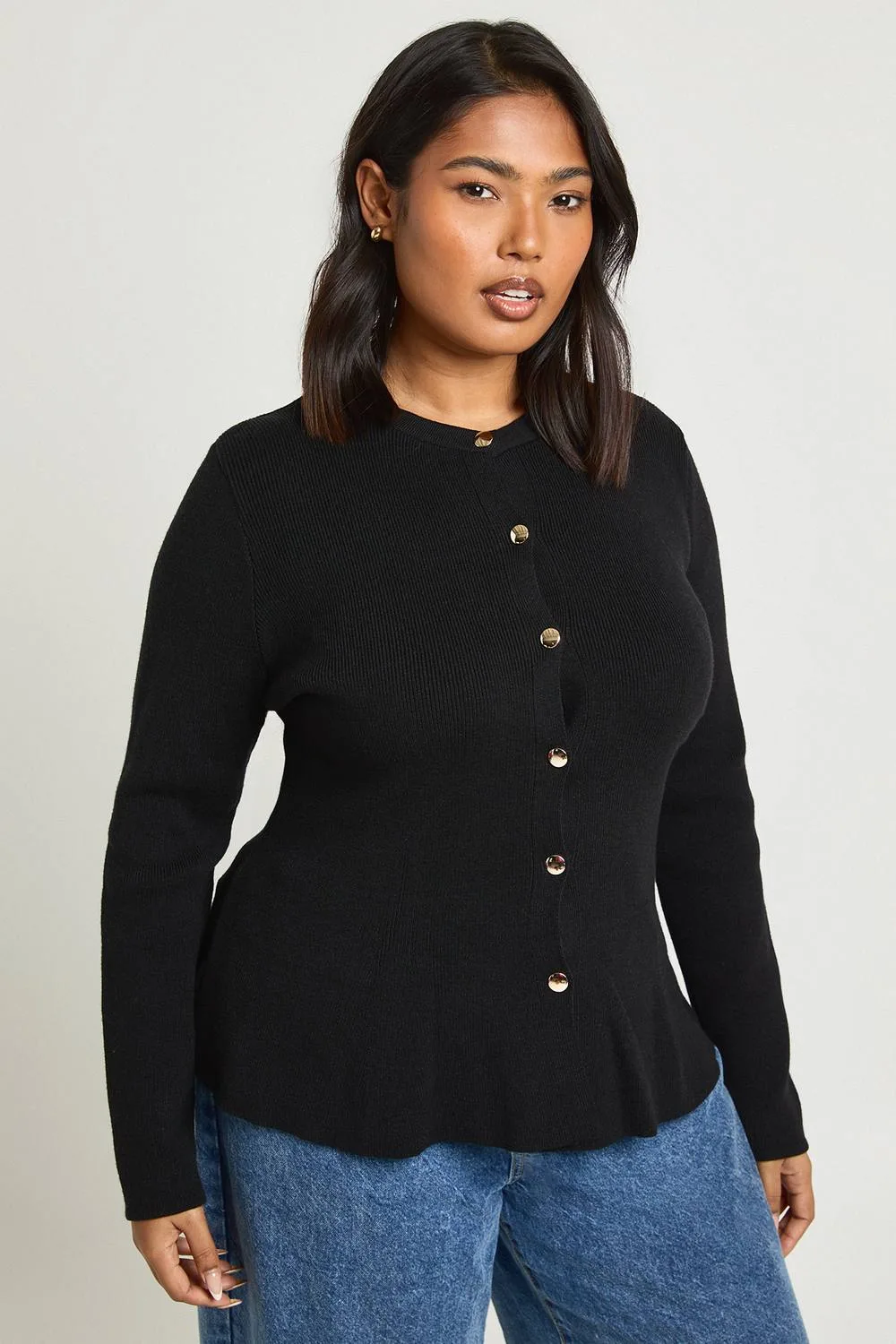 Gold Button Peplum Compact Knit Cardigan by boohoo