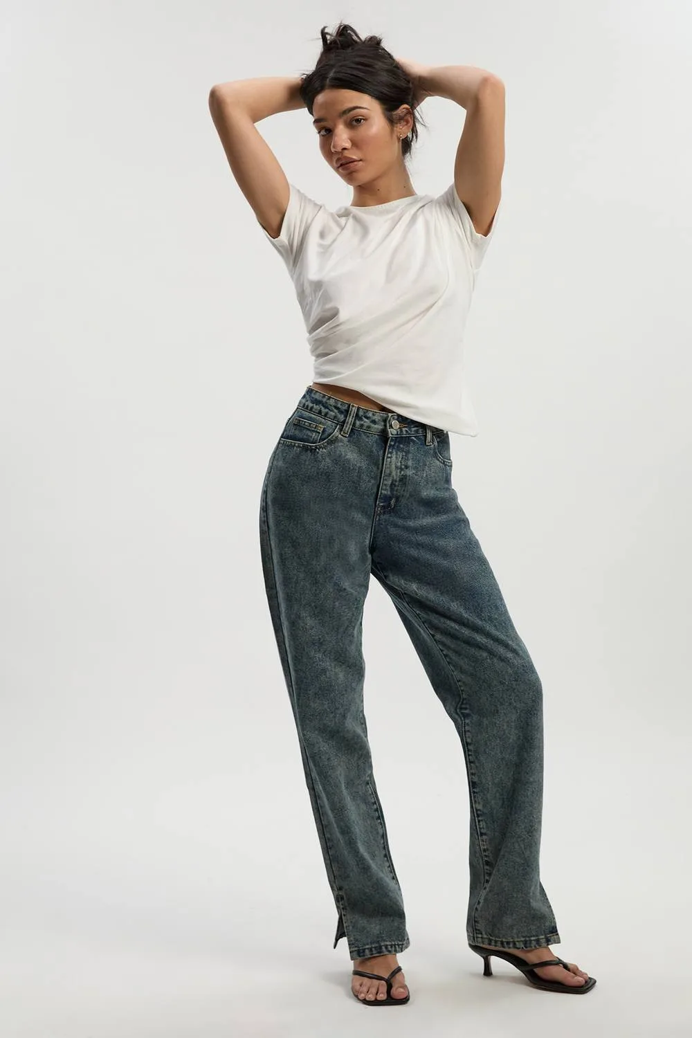 Basic High Waist Split Hem Straight Leg Jean