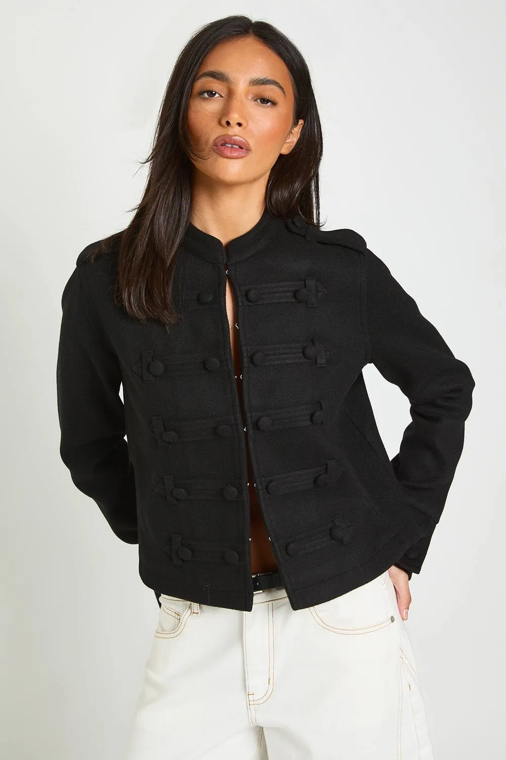 Military Button Detail Wool Look Jacket by boohoo