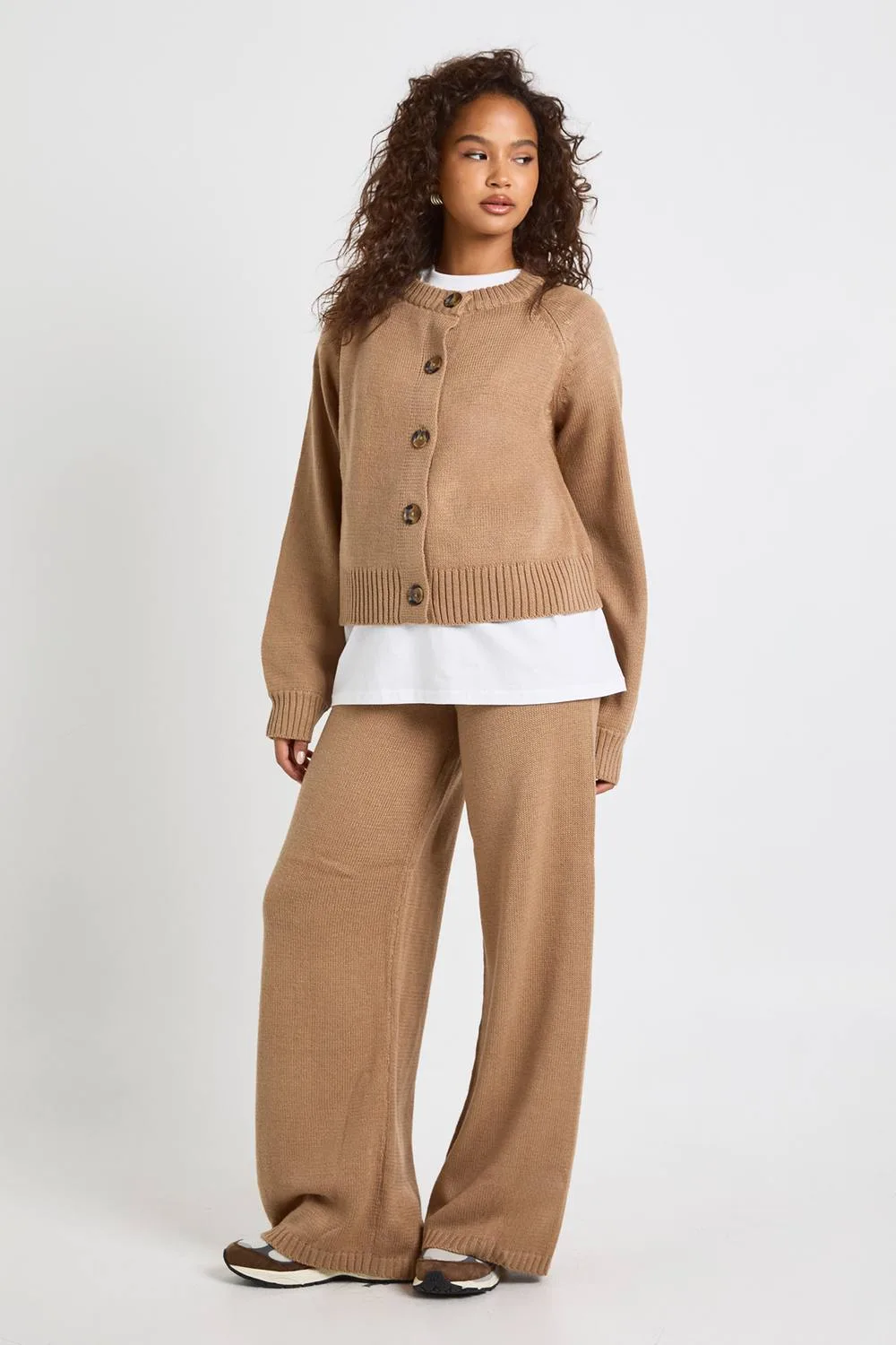 Crew Neck Knitted Chunky Cardigan & Wide Leg Trouser Co-Ord by boohoo