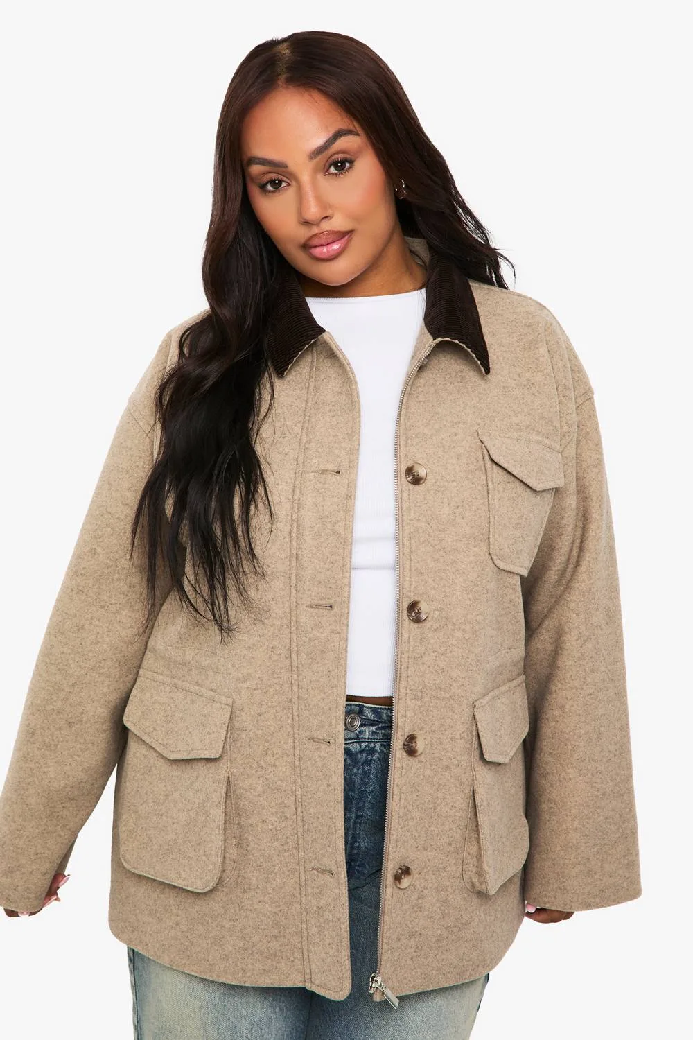 Wool Look Barn Jacket - Stone by boohoo