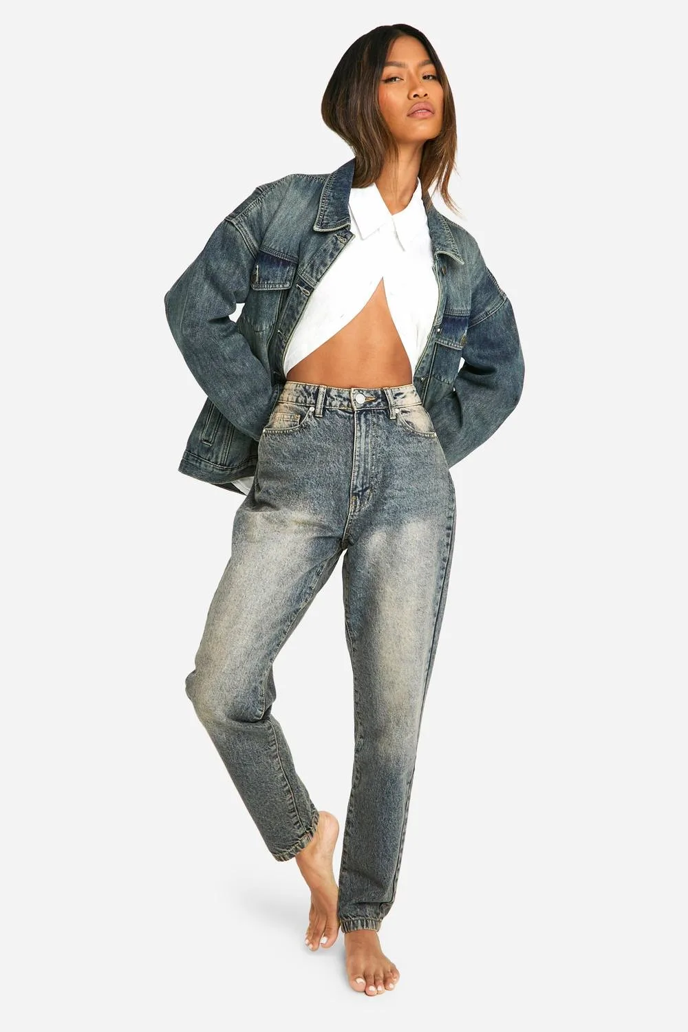 Basics 32 Inch Leg Sand Blast High Waisted Mom Jeans by boohoo