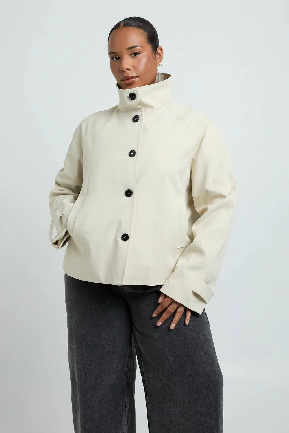 Funnel Neck Button Up Trench Coat - Stone by boohoo