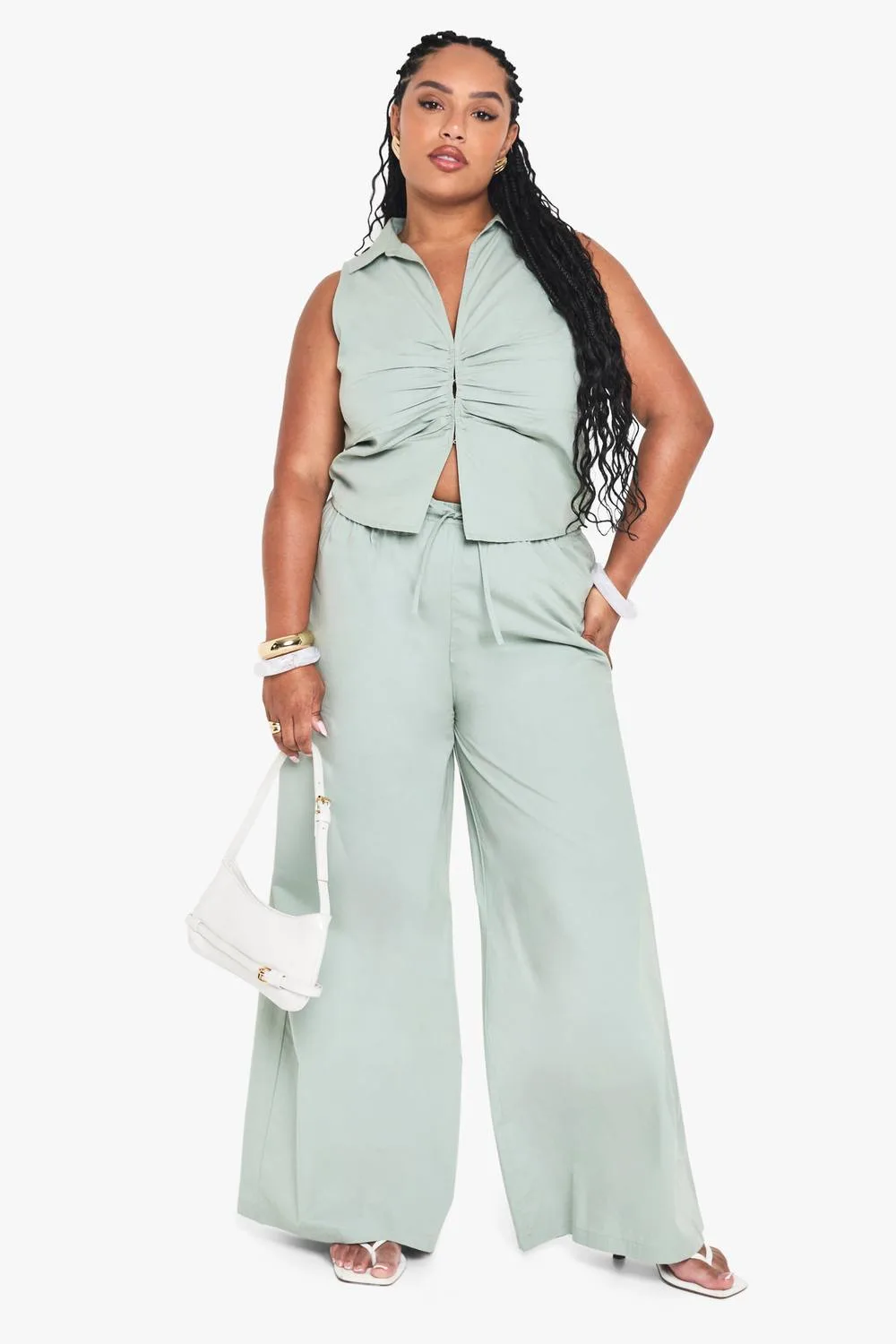 Drawstring Waist Poplin Wide Leg Trouser