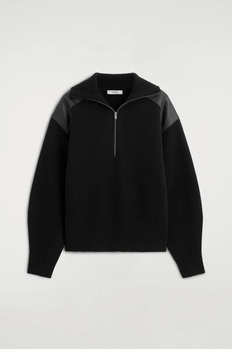 Leather-Patch Merino Wool Zip-Up Sweater by COS
