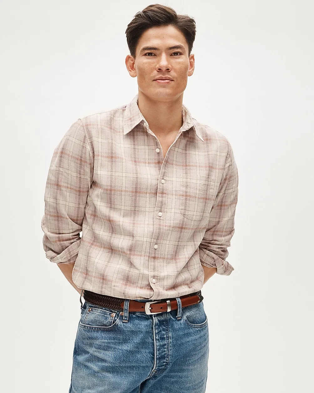 Linen-Cotton Blend Shirt in Shadow Plaid