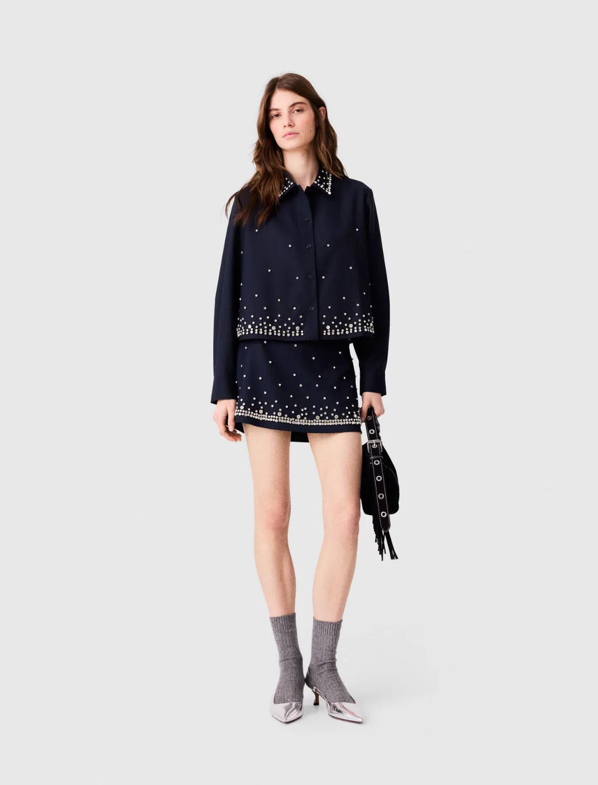 Short Rhinestone Embroidered Shirt by Maje
