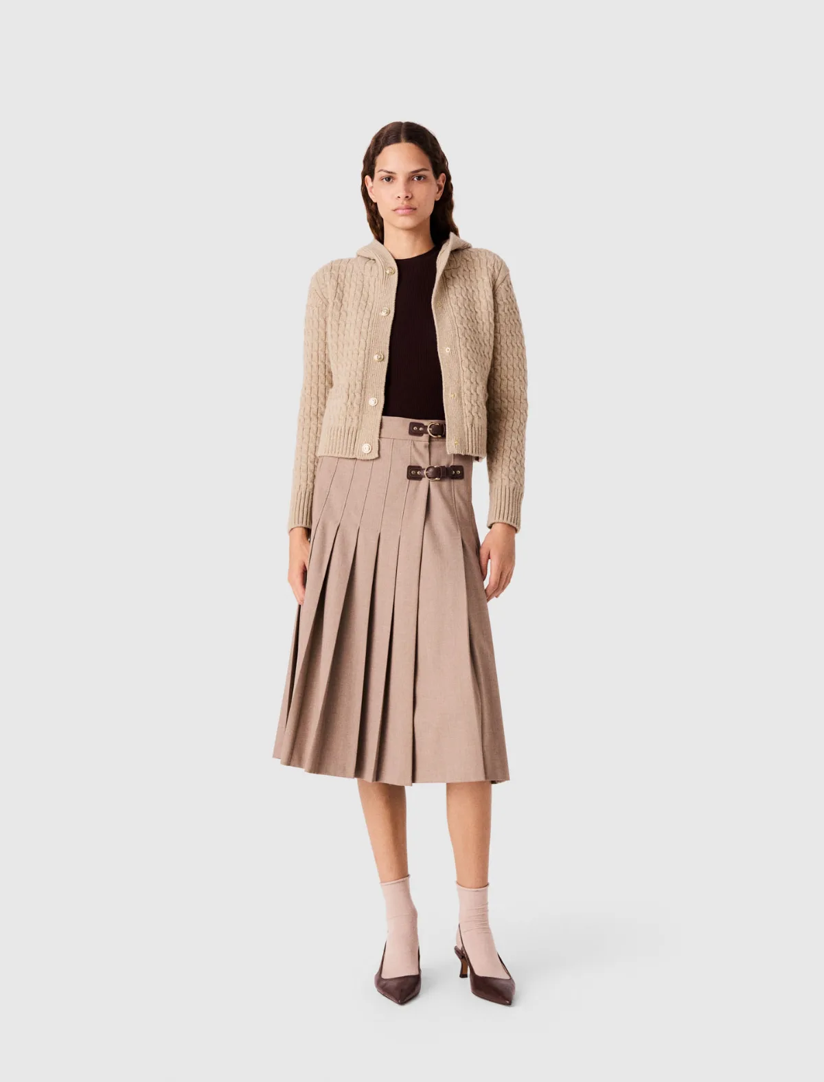 Pleated Midi Skirt with Buckles by Maje