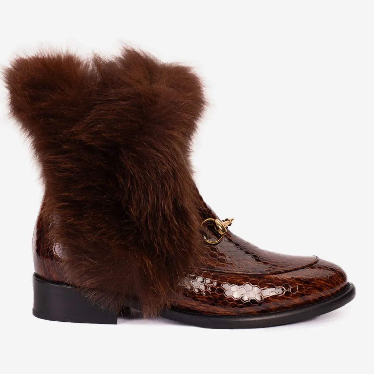 Izmir Patent Leather Natural Fur Mid Calf Boot by Vinci Leather Shoes