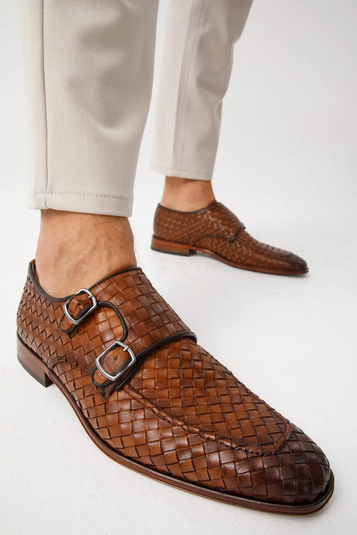 The Turan Brown Woven Double Monk Strap Dress Shoe by Vinci Leather Shoes