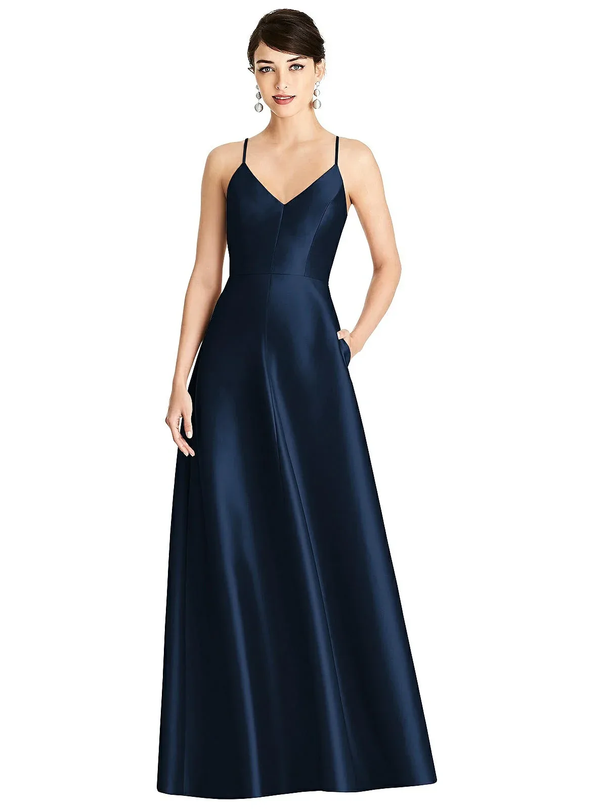 V-Neck Full Skirt Satin Maxi Dress by Alfred Sung