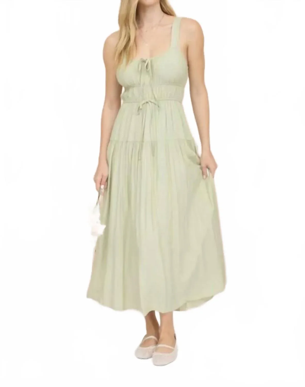 Front Tie Keyhole Detail Sleeveless Midi Dress in Sage by Mine and E & M
