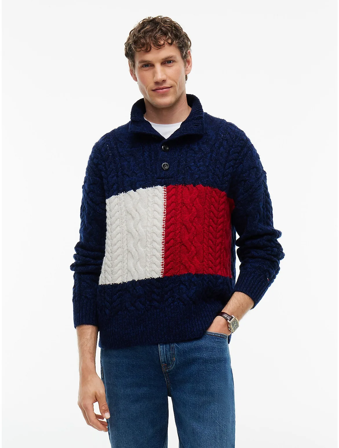 Flag Logo Cable Knit Mockneck Sweater by Tommy Hilfiger
