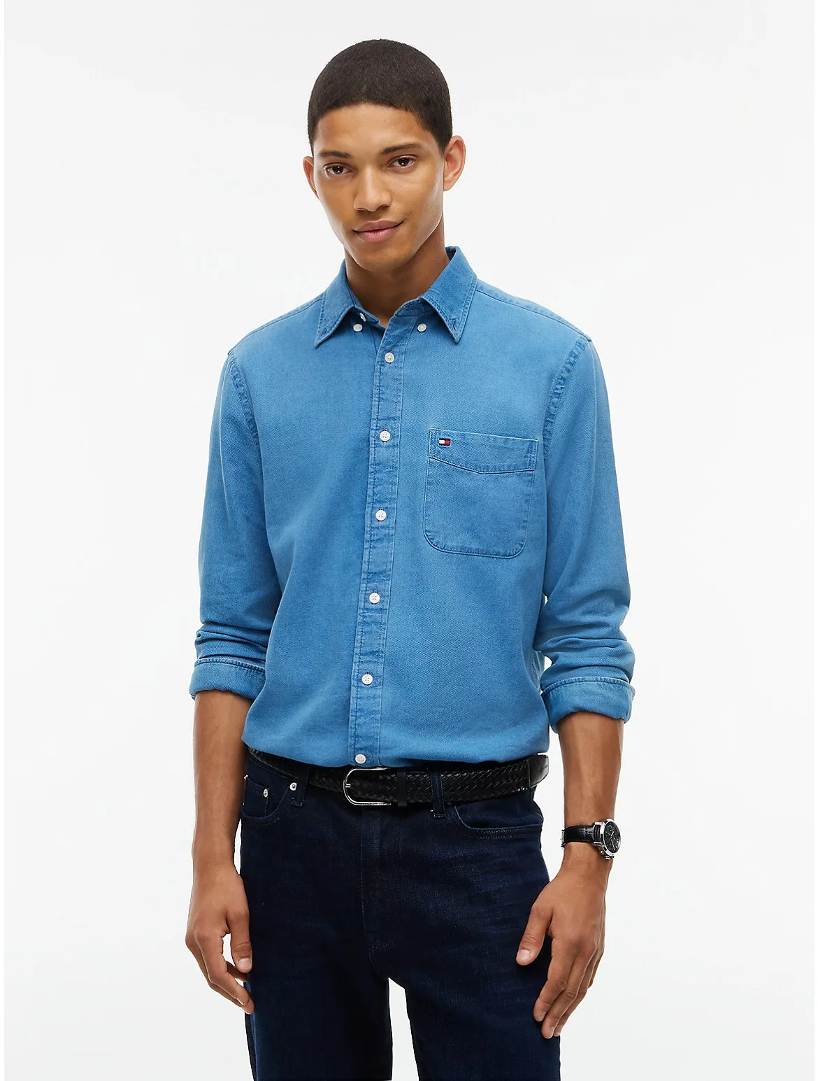 Regular Fit Indigo-Dyed Dobby Shirt by Tommy Hilfiger