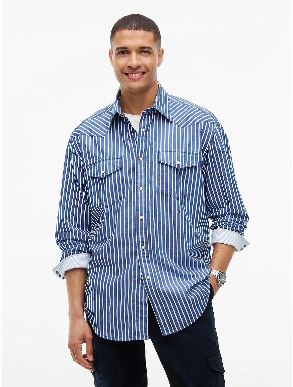 Relaxed Fit Indigo-Striped Western Shirt by Tommy Hilfiger