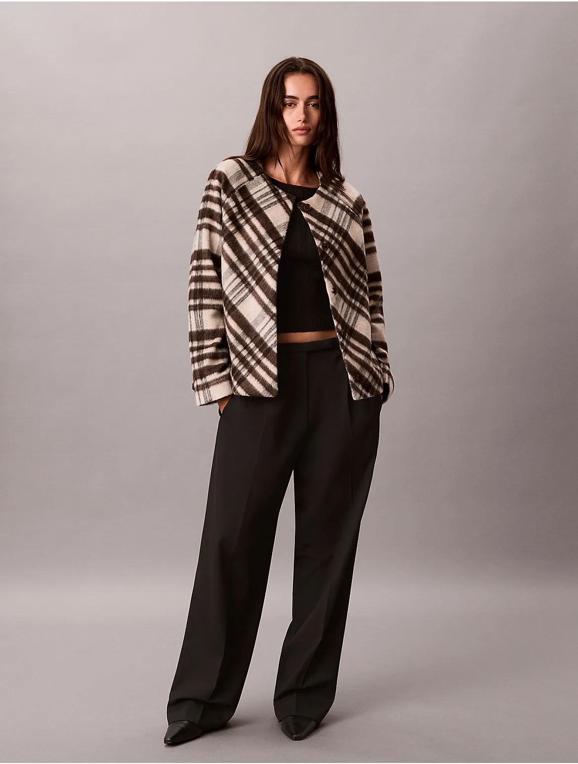 Mohair Plaid Cardigan Jacket by Calvin Klein