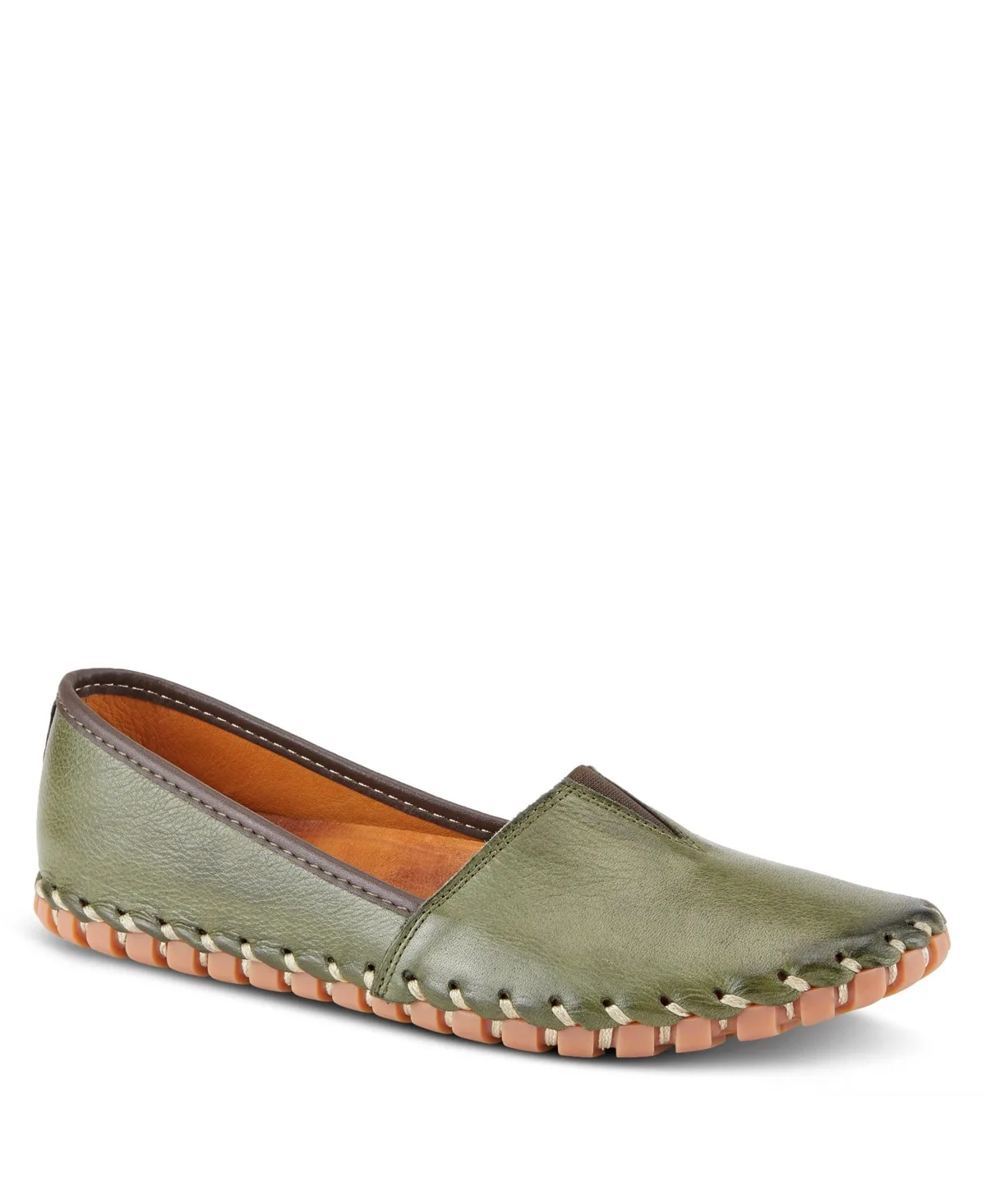 Kathaleta Leather Slip-On Comfort Flats with V-Elastic Notch, Arch Support & Removable Insole