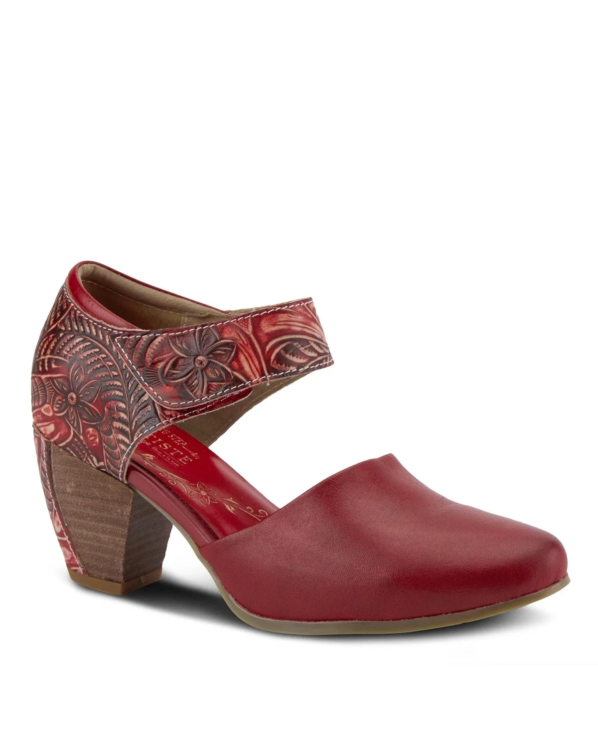 Toolie Hand-Painted Leather D'Orsay Mary Jane Heels with Tooled Details, Hook-and-Loop Strap, Padded Collar, and Tooled Stacked Heel by L'artiste