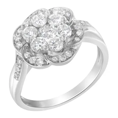 14K White Gold Floral Cluster 1.00 Ctw Diamond Ring