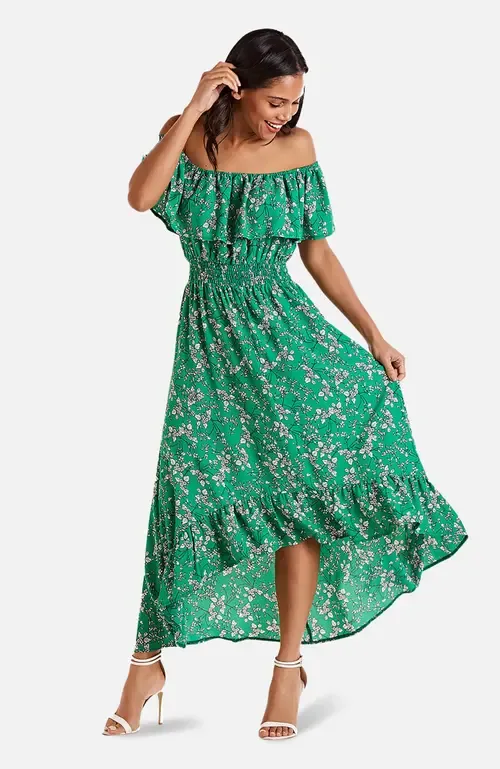 Floral Bardot Ruffled Hem Midi Dress by Yumi