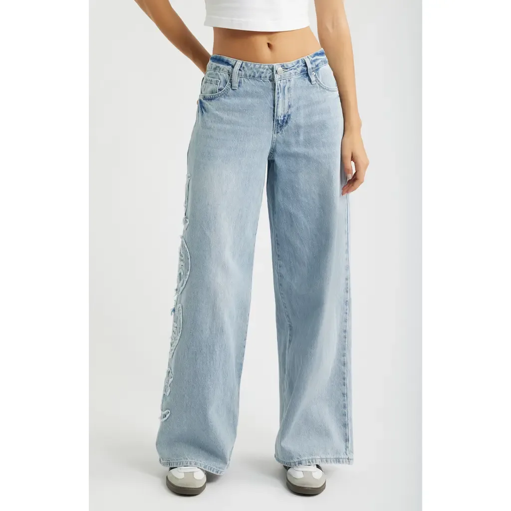 Joey Super Wide Leg Jeans with Love Appliqué by YMI