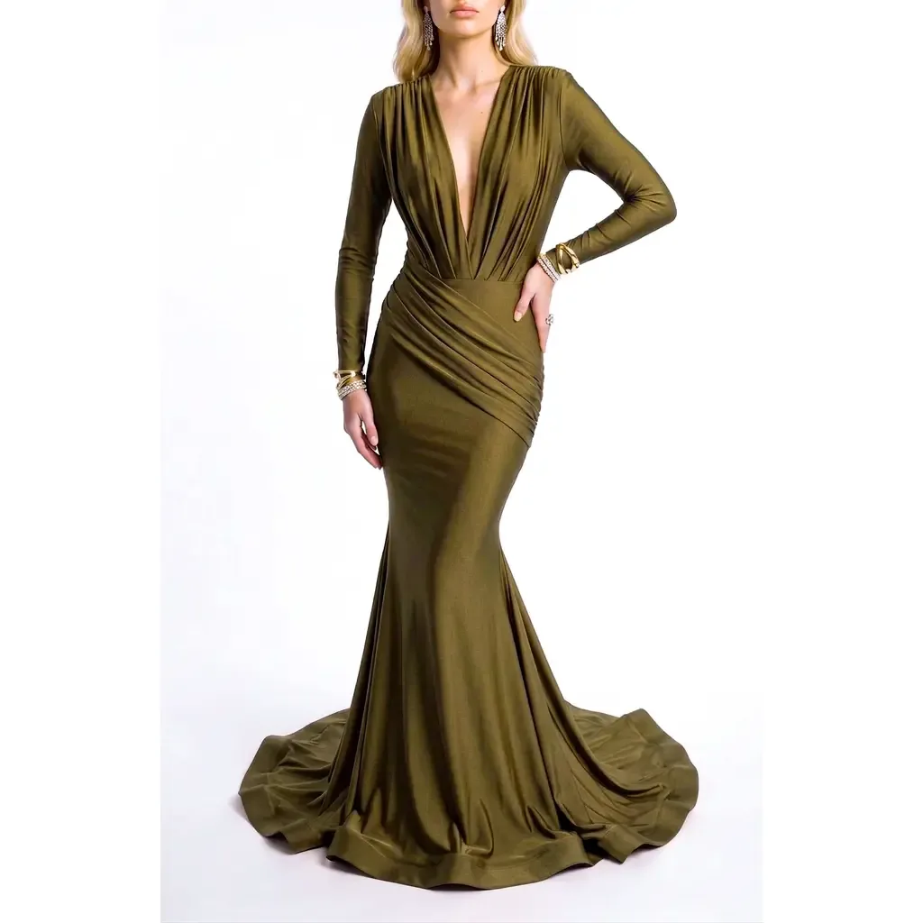 Long Sleeve Plunge V-Neck Ruched Mermaid Gown by Jessica Angel