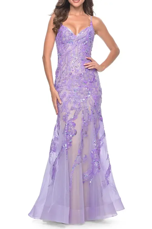 Mermaid Sequin and Beaded Embellished Prom Dress in Pastels by La Femme