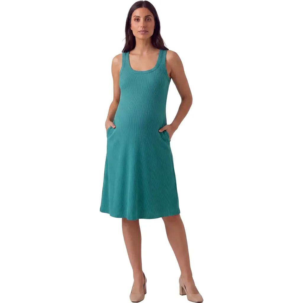 Maternity Essential Ribbed Knit Sleeveless Scoop Neck Pocket A-Line Midi Dress by 24seven Comfort Apparel