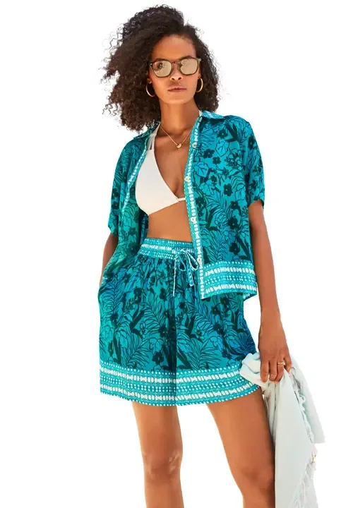 Cropped Button Front Beach Cover Up Shirt by Swimsuits for All