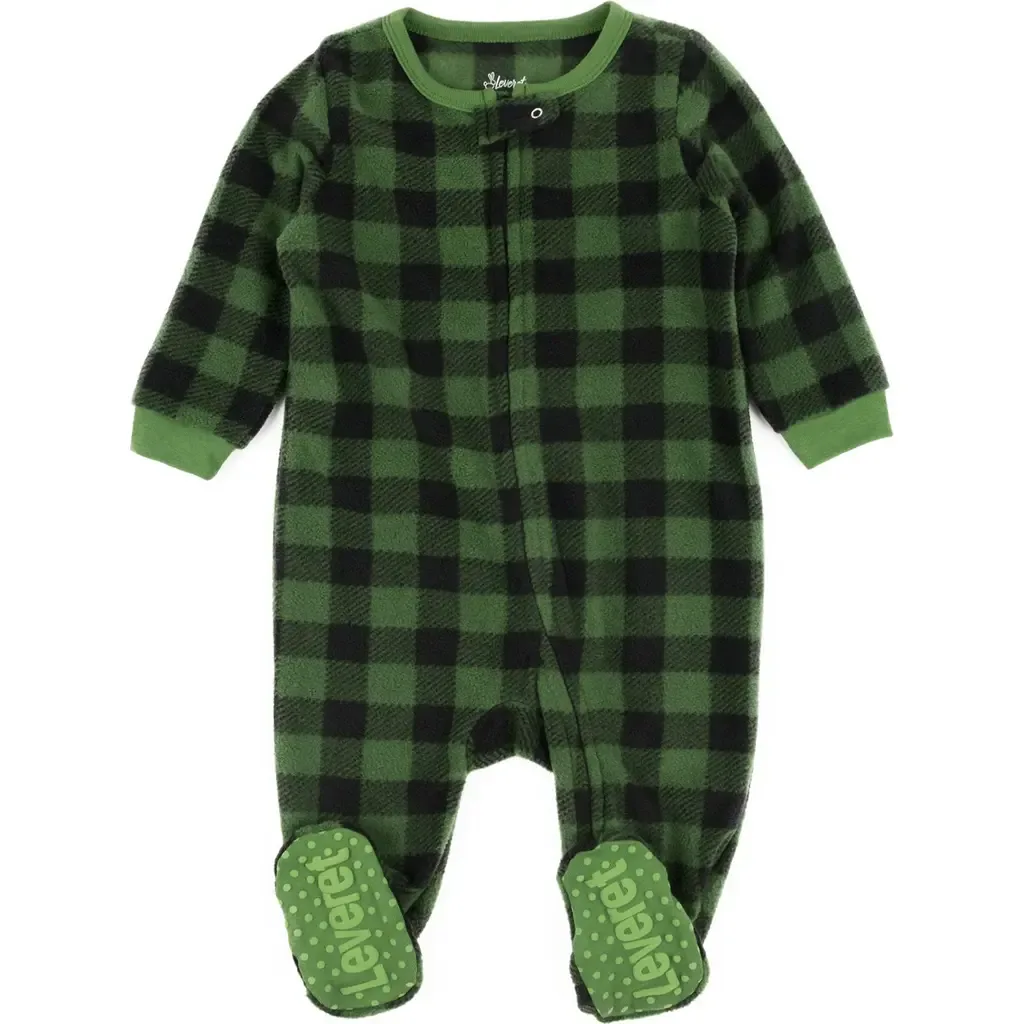 Green and Black Plaid Footed Fleece Sleeper by Leveret