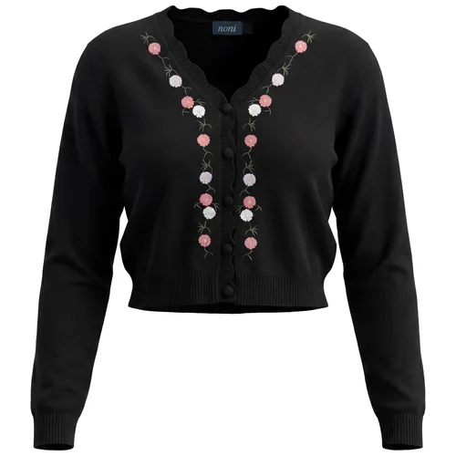 Floral Embroidered Scalloped V-Neck Knit Cardigan by Noni